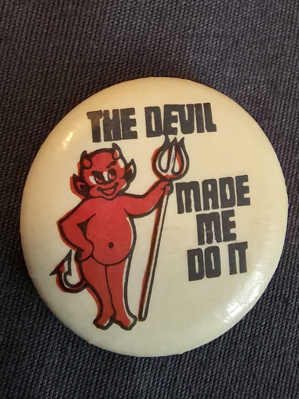 Vintage pinback button, Satan, Dark Lord, cartoon red devil holding a pitchfork